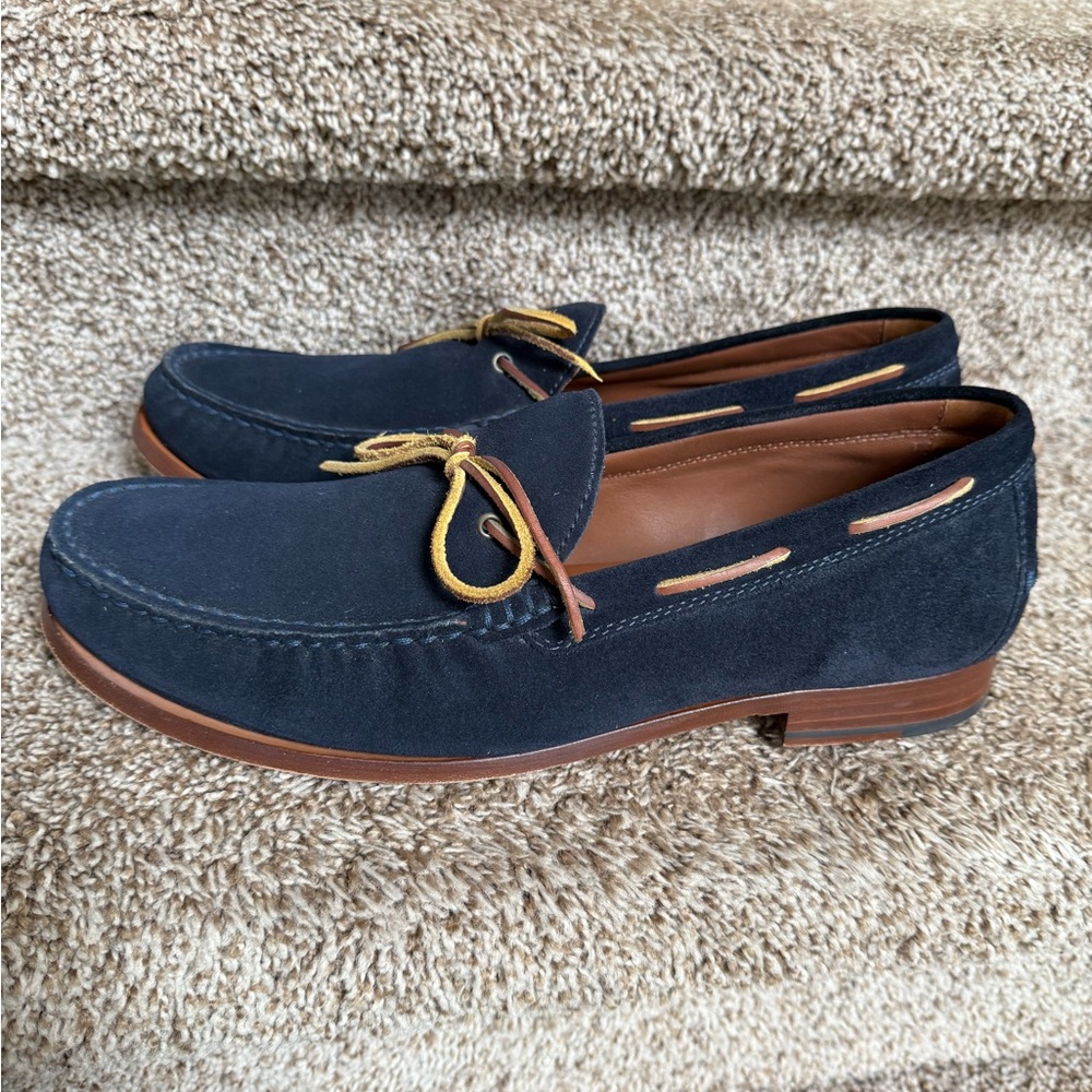 Trask Men's Dark Blue Suede Loafers with Yellow Laces